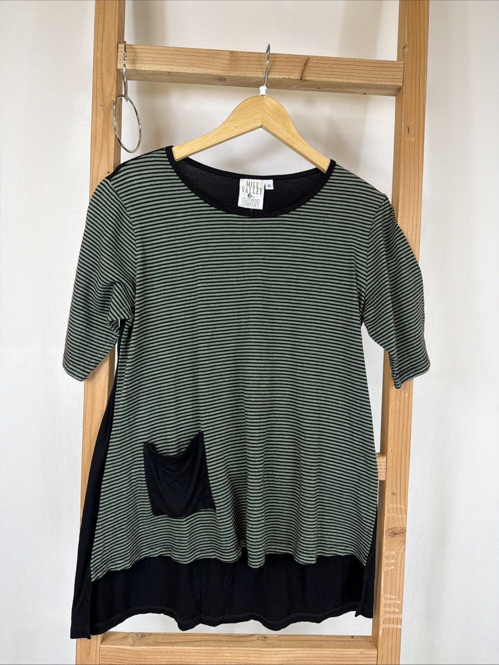 NWT Mill Valley Green Black Stripe Short Sleeve Tunic Top #1229 Size SMALL